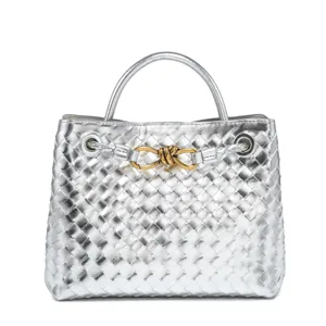 Silver woven leather handbag with gold knot hardware, vintage style large capacity tote bag.