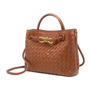 Brown leather woven handbag vintage top handle tote bag for women elegant daily shoulder bag