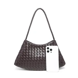 Detailed view of the dark brown woven leather shoulder bag showcasing its intricate craftsmanship.