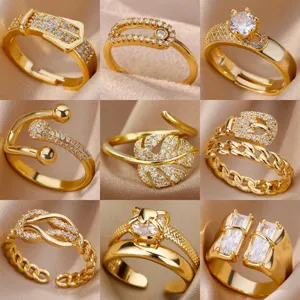 18K Gold Plated Copper Rhinestone Open Rings For Women Luxury Adjustable Leaf Heart Buckle Ring Fashion Jewelry Finger Gift