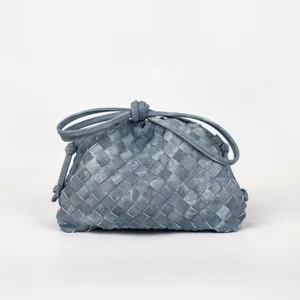 Blue woven cloud bag stylish leather shoulder crossbody clutch handbag for women small size