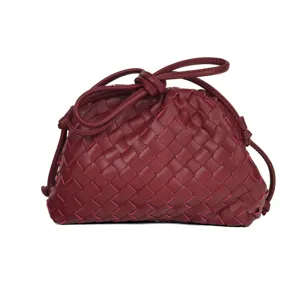 Burgundy woven leather clutch bag with stylish knot handle shoulder crossbody bag
