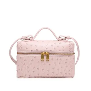 Bolso cosmético Vanity tejido con patrón de avestruz rosa bolso cruzado retro de moda