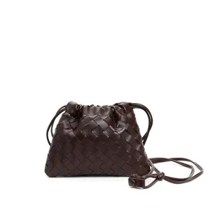 Brown woven leather crossbody pouch bag with drawstring closure and chic shoulder strap.