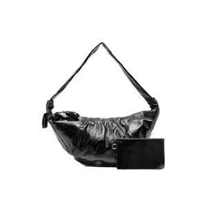 Black glossy croissant shoulder bag with small pouch, trendy dumpling crossbody bag for women.