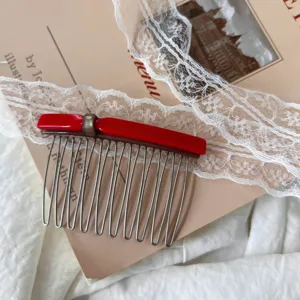 Red acetate bow hair comb, sweet bangs insert comb, elegant vintage hair accessory for women.