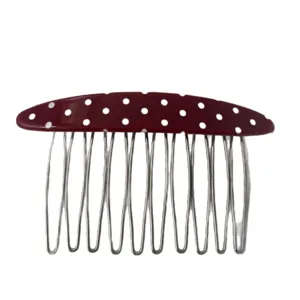 Burgundy polka dot hair comb with metal teeth, stylish acetate top for daily updo styling.