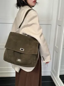 Autumn winter suede tote bag large capacity flap shoulder handbag for women daily commuter fashion.