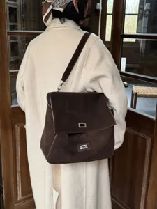 Suede tote bag, autumn winter leather shoulder crossbody bag with flap and metal lock.