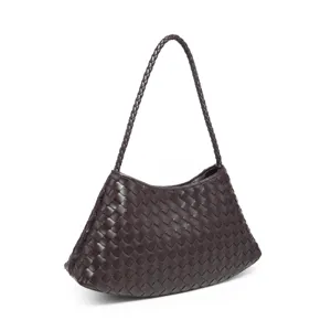 Dark brown woven leather underarm shoulder bag, exquisite handcrafted intrecciato texture detail.