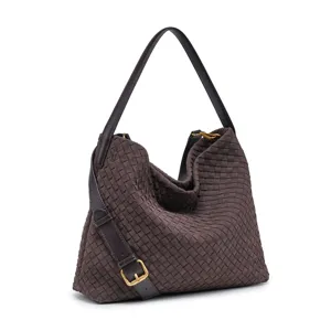 Dark brown woven suede shoulder bag slouchy hobo bag casual crossbody tote for women