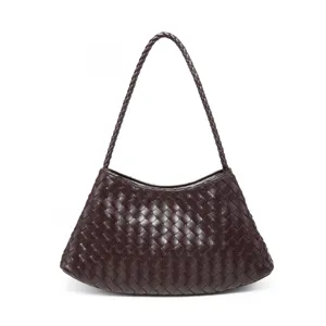 Handmade woven leather shoulder bag underarm bag stylish dark brown handbag for women