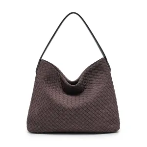 Brown woven suede hobo shoulder bag, casual large capacity tote purse for women daily use.