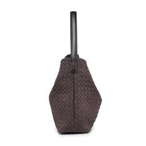 Brown woven suede bucket bag for women, large capacity casual single shoulder tote bag.