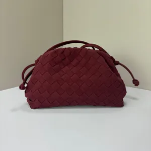 Women's burgundy woven suede pouch clutch bag, vintage style trendy shoulder handbag for daily use.