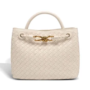 Woven leather top handle handbag vintage elegant casual tote bag large capacity cream white