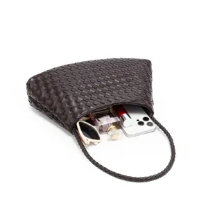 Dark brown woven leather underarm shoulder bag showing spacious interior capacity and design.