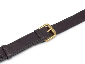 Detailed view of the dark brown leather replacement shoulder strap with gold-toned metal buckle.