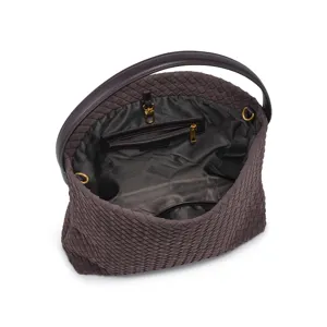 Brown woven suede bucket bag with large capacity, interior zipper pocket, and elegant handle.