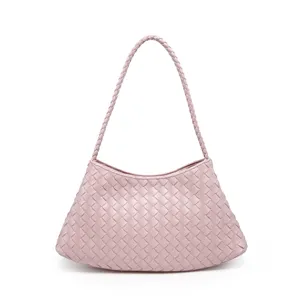 Stylish Pink Woven Leather Shoulder Bag Handcrafted Underarm Tote Trendy Women Bag