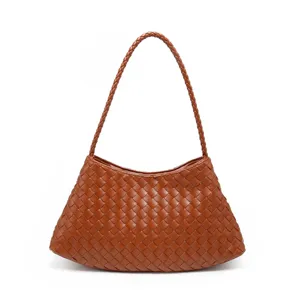 Stylish brown woven leather underarm shoulder bag for women, elegant daily handbag.