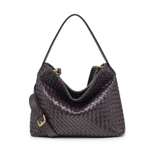 Woven leather shoulder bag, luxury style hobo bucket bag with top handle and crossbody strap.