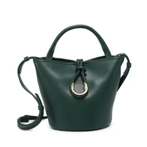 Dark green bucket bag with stylish metallic ring and braided handle for women crossbody use.