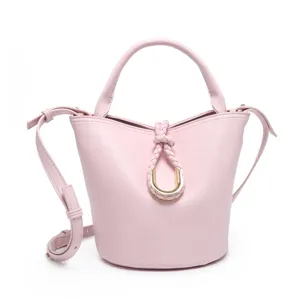 Women Fashion PU Leather Bucket Bag Woven Handle Crossbody Bag Casual Stylish Handbag With Metal Ring Closure