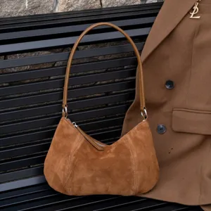 Brown suede underarm shoulder bag for women, stylish genuine leather retro hobo handbag daily use.