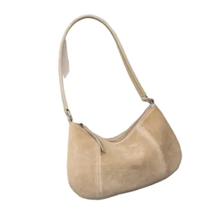 Minimalist suede shoulder bag for women, casual khaki hobo handbag with top zipper closure.