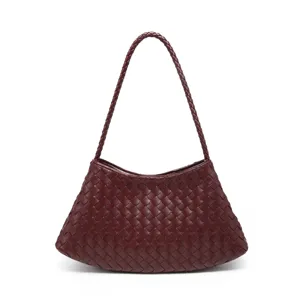 Burgundy woven leather shoulder bag chic handcrafted hobo bag stylish minimalist women purse