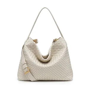 Woven leather hobo shoulder bag for women, large capacity slouchy bucket tote bag
