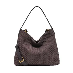 Classic woven suede hobo shoulder bag for women, stylish large capacity casual design.