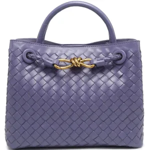 Elegant purple woven leather handbag with gold knot hardware, vintage top handle tote bag for women