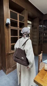 Brown suede tote bag for women, large capacity flap shoulder bag with metal lock.