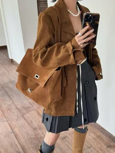 Brown suede tote bag for women, large capacity flap commuter shoulder bag with metal lock.