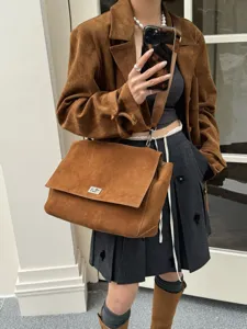 Autumn winter suede tote bag large capacity flap lock commuting women shoulder crossbody handbag