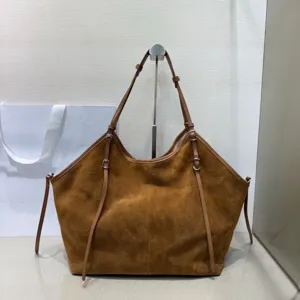 Brown suede tote bag for women, large capacity slouchy shoulder bag with thin straps.