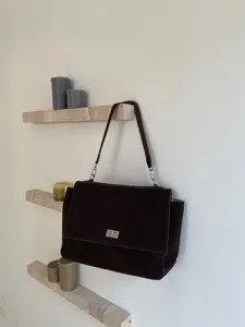 Dark brown suede shoulder bag women large capacity flap tote bag stylish commute handbag