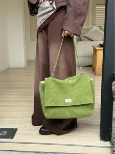 Women suede tote bag large capacity leather shoulder bag with flap and metal lock closure