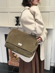 Women suede shoulder bag vintage flap turn lock tote winter chic casual crossbody bag