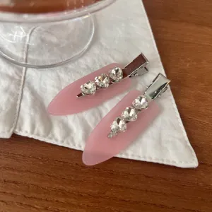 Pink frosted rhinestone heart hair clips sweet side clip cute bangs hair accessories