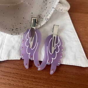Cute matte purple angel wings hair clips with rhinestones sweet side bangs pins for women style