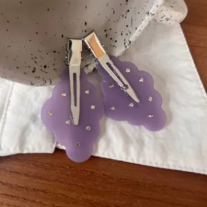 Purple rhinestone hair clip detail shot, sweet style frosted duckbill clip for women styling.