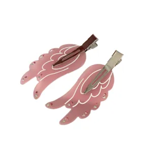 Pink angel wing hair clips with sparkling rhinestones, sweet side clips for cute hairstyles.