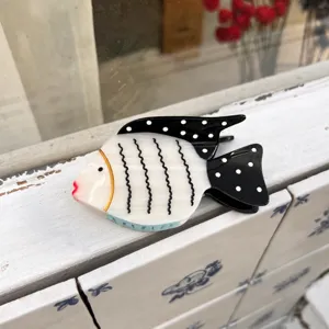 Morsetto per capelli pesce marino in acetato, grazioso design a pois bianco e nero, sicuro.