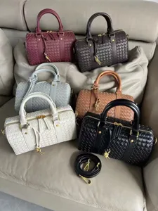 Woven leather Boston bag, vintage large capacity top handle crossbody bag for women.