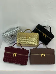 Woven vanity cosmetic bag set, stylish intrecciato style handbag with top handle and zipper.