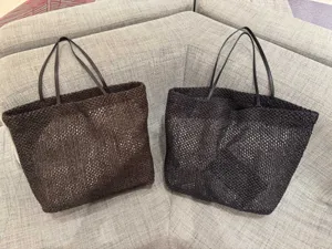 Minimalist woven raffia tote bag with leather straps, large capacity casual shoulder bag.