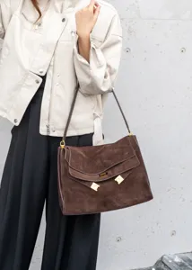 Brown suede shoulder bag, retro premium leather tote, large capacity commuter bag for women.